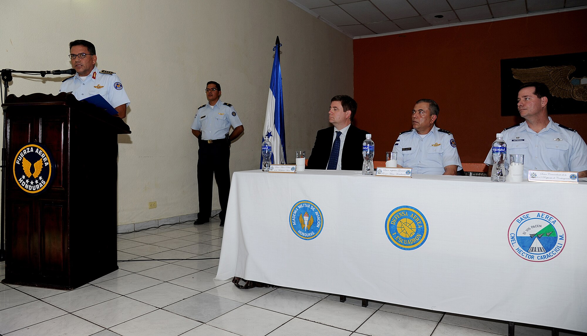 Brigadier Gen. Ruiz Pastor Landa Dubón, Honduran Air Force commanding general, addresses members of the 571st Mobility Support Advisory Squadron and Honduran air force during the closing ceremony in Tegucigalpa, Honduras, Feb. 23.  (U.S. Air Force photo by Tech. Sgt. Lesley Waters)