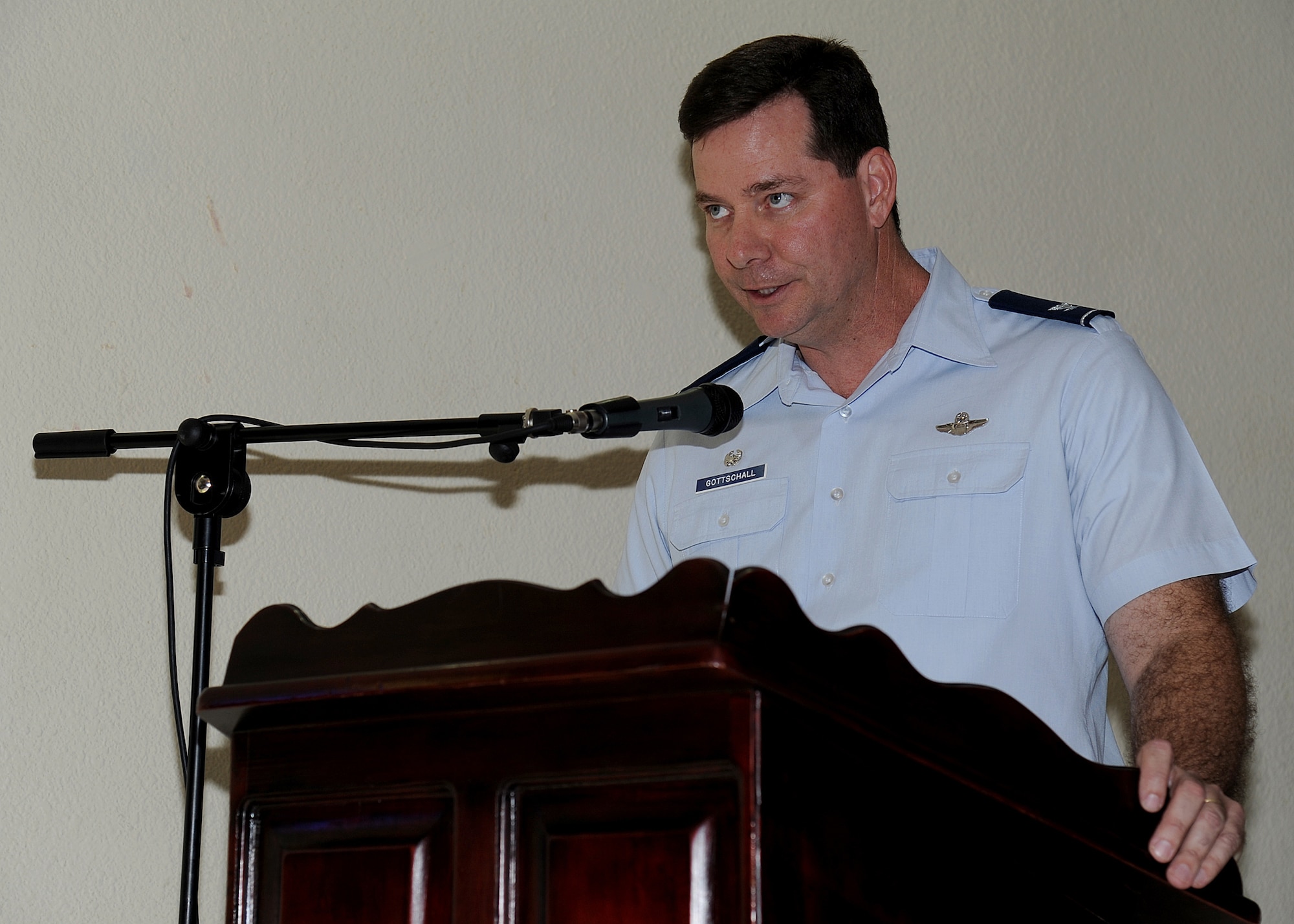 Colonel Gary Gottschall, 615th Contingency Response Wing commander, addresses Airmen from the 571st Mobility Support Advisory Squadron and the Honduran air force during his closing ceremony remarks in Tegucigalpa, Honduras, Feb. 23.  (U.S. Air Force photo by Tech. Sgt. Lesley Waters)