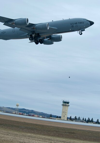 KC-135 Stratotanker refueling aircraft from Fairchild Air Force Base, Wash., take off during a training mission demonstrating total force integration on Feb. 24, 2012. Personnel from the 92nd and 141st Air Refueling Wings, executed the mission and launched several aircraft that day. (U.S. Air Force photo/Staff Sgt. Michael Means)