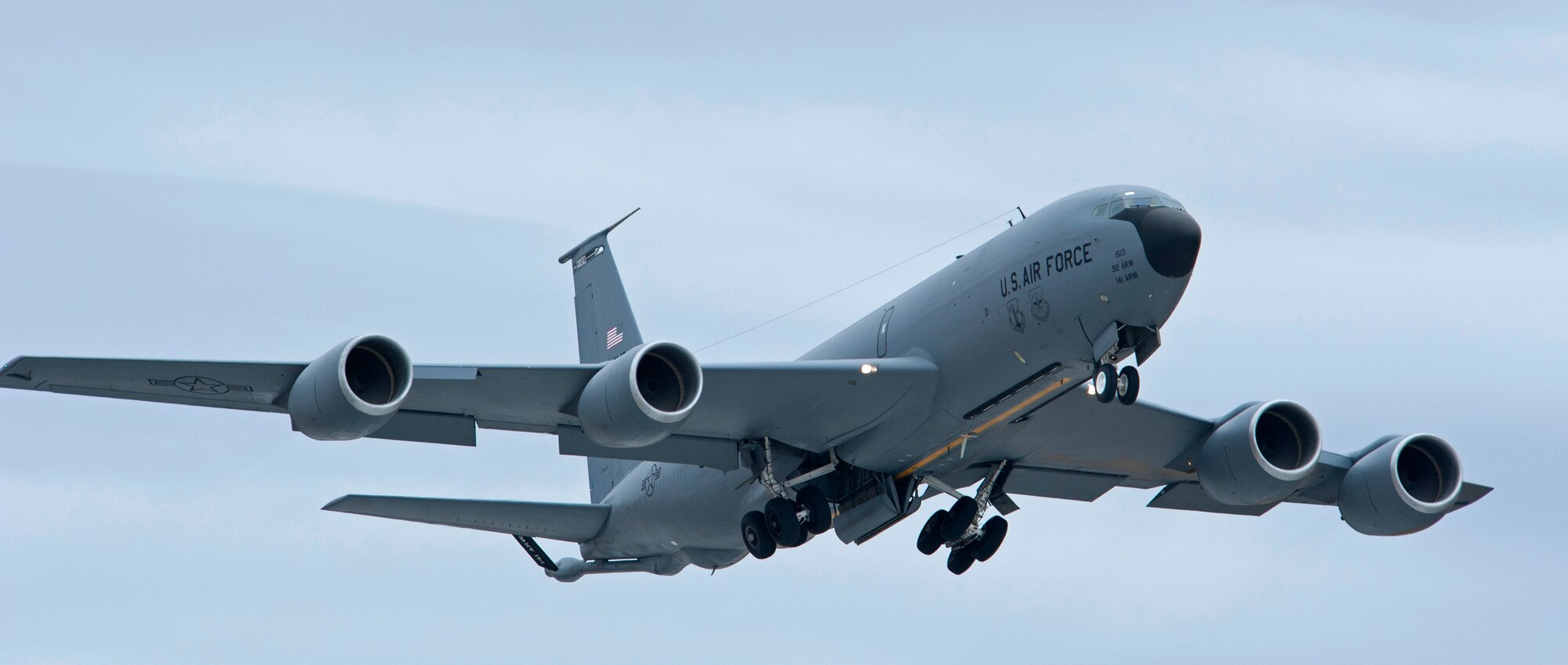 KC-135 Stratotanker refueling aircraft from Fairchild Air Force Base, Wash., take off during a training mission demonstrating total force integration on Feb. 24, 2012. Personnel from the 92nd and 141st Air Refueling Wings, executed the mission and launched several aircraft that day. (U.S. Air Force photo by Staff Sgt. Michael Means)