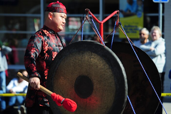 A Bok Kai parade member beats a drum during the 132nd Annual Bok Kai festival parade in Marysville, Calif., Feb 25, 2012. The parade is one of the oldest continuous in the country and features the famous Bok Kai dragon, particularly appropriate for this year's celebration as 2012 is the year of the water dragon and Bok Kai is the god of water. (U.S. Air Force photo by Staff Sgt. Sarah Brown/Released)