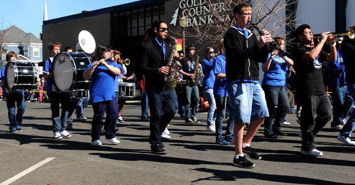 Members of the Wheatland High School marching band perform in the Bok Kai parade in Marysville, Calif., Feb. 25, 2012. The yearly Bok Kai parade features a variety of floats and cultural performances. (U.S. Air Force photo by Senior Airman Sandra Healy)