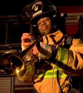 Staff Sgt. Anthoney M. Williams, a firefighter with the 633rd Civil Engineer Squadron, was selected for a second tour with Tops in Blue. Williams picked up the trumpet in sixth grade, playing it throughout high school and his Air Force career. (U.S. Air Force photo by Airman 1st Class Austin C. Harvill/Released)