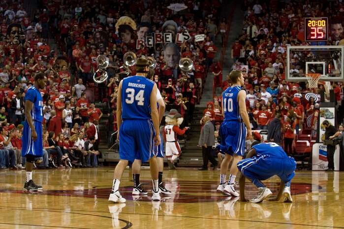 U.S. Air Force Academy "Falcons" basketball team walks into a hostile environment against the University of Nevada Las Vegas, at the Thomas and Mack Center, Feb. 25, 2012, in Las Vegas, Nev. The Air Force Falcons came up short against UNLV 68-58, making their record 13-13 overall and 3-9 in the Mountain West Conference. (U.S. Air Force photo by Airman 1st Class Daniel Hughes)