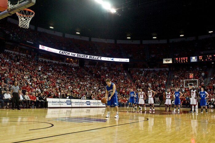 Todd Fletcher, U.S. Air Force Academy "Falcons" junior guard, shoots the technical foul free-throw against the University of Nevada Las Vegas, at the Thomas and Mack Center, Feb. 25, 2012, in Las Vegas, Nev. The Air Force Falcons came up short against UNLV 68-58, making their record 13-13 overall and 3-9 in the Mountain West Conference. (U.S. Air Force photo by Airman 1st Class Daniel Hughes)