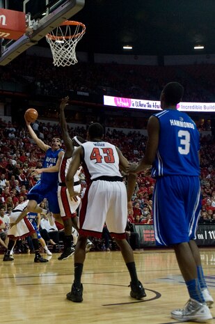 Taylor Broekhuis, U.S. Air Force Academy "Falcons" junior forward, shoots a hook shot  against the University of Nevada Las Vegas, at the Thomas and Mack Center, Feb. 25, 2012, in Las Vegas, Nev. The Air Force Falcons came up short against UNLV 68-58, making their record 13-13 overall and 3-9 in the Mountain West Conference. (U.S. Air Force photo by Airman 1st Class Daniel Hughes)