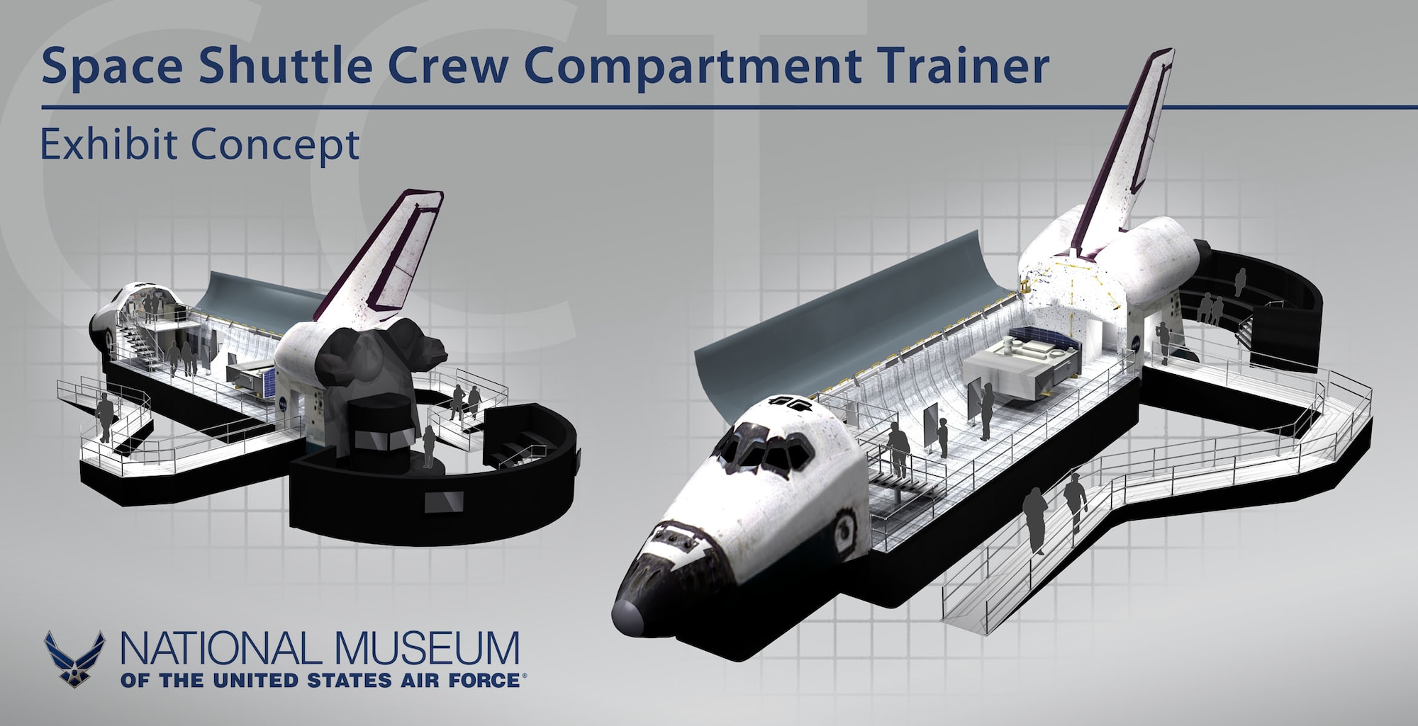 A NASA space shuttle crew compartment trainer, shown in this conceptual drawing, will be exhibited starting in the summer of 2012 at the National Museum of the U.S. Air Force in Dayton, Ohio. The CCT is a high-fidelity representation of the Space Shuttle Orbiter crew station that was used primarily for on-orbit crew training and engineering evaluations. (U.S. Air Force graphic)