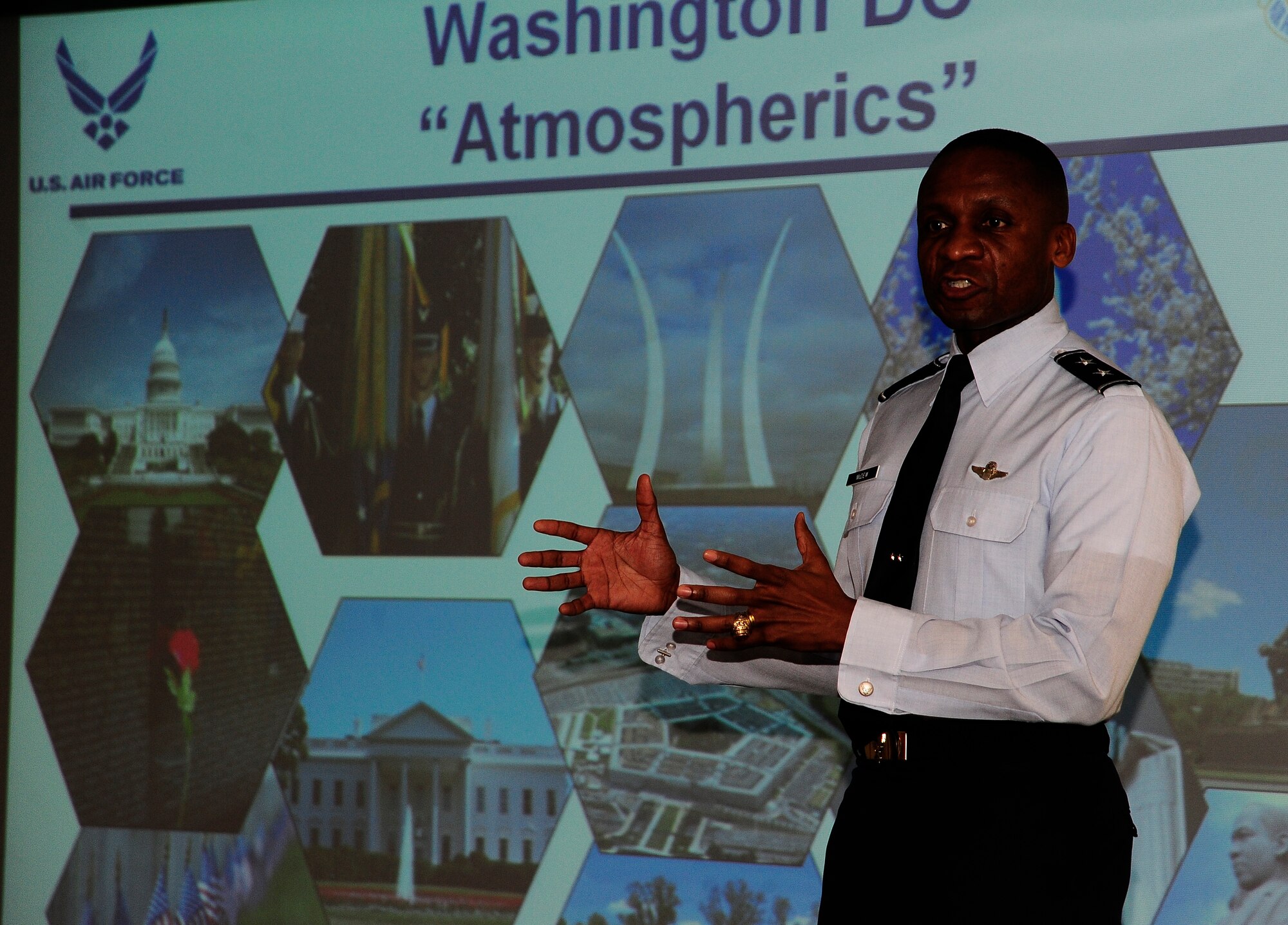 Maj. Gen. Darren McDew, Air Force District of Washington commander, addresses Airmen during an enlisted call at MacDill Air Force Base, Fla., Feb. 24, 2012. McDew spoke about developing leadership traits and answered questions from audience members. (U.S. Air Force photo by Senior Airman Melissa V. Paradise)