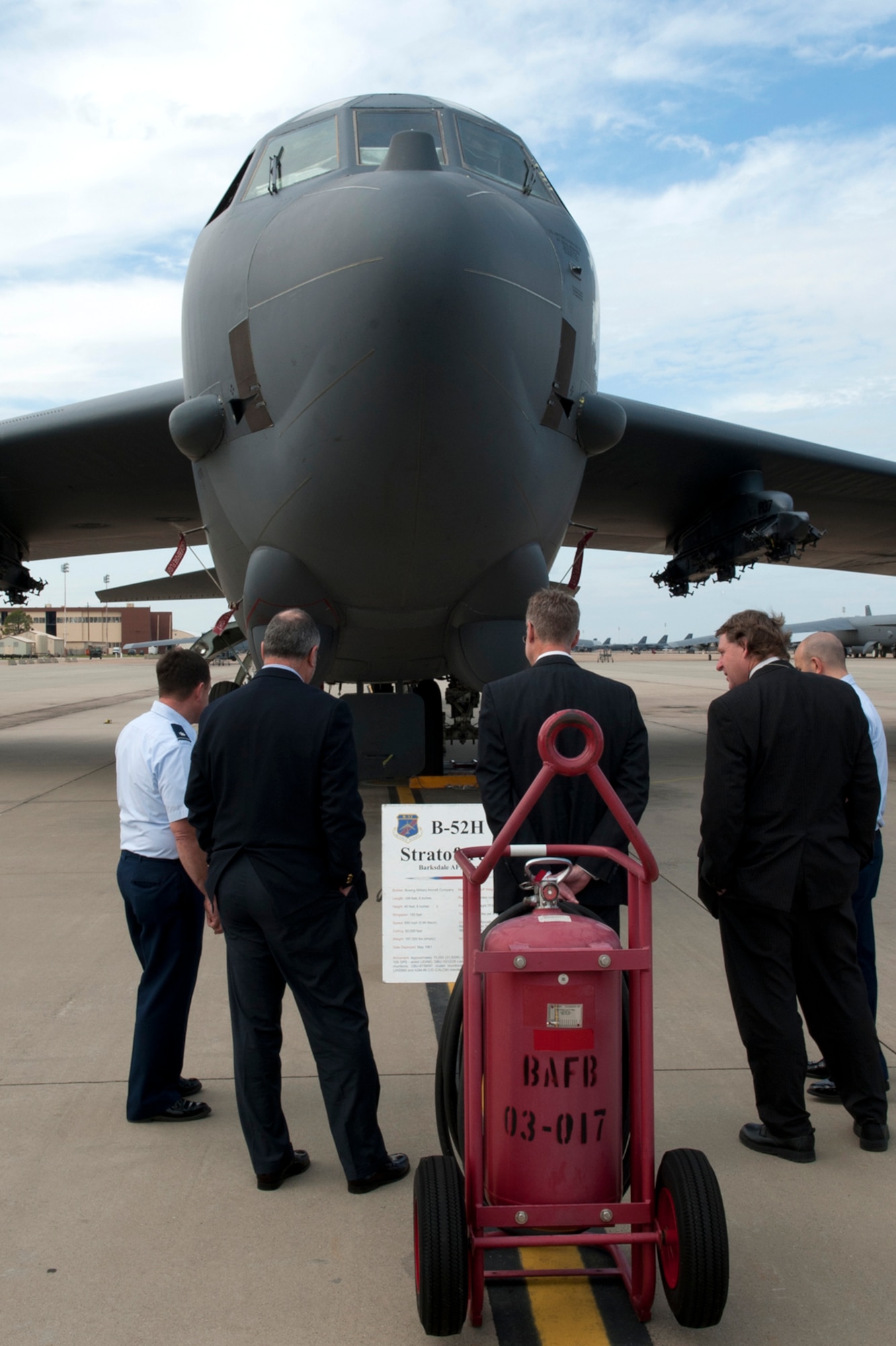 Members of the 93rd and 11th Bomb Squadrons, give visitors from the Sandia National Laboratories a tour of a 93rd Bomb Squadron B-52H Stratofortress at Barksdale Air Force Base, La., Feb. 27, 2012. Sandia's primary mission is ensuring the U.S. nuclear arsenal is safe, secure, reliable, and can fully support the Nation's deterrence policy. (U.S. Air Force photo by Master Sgt. Greg Steele/Released)