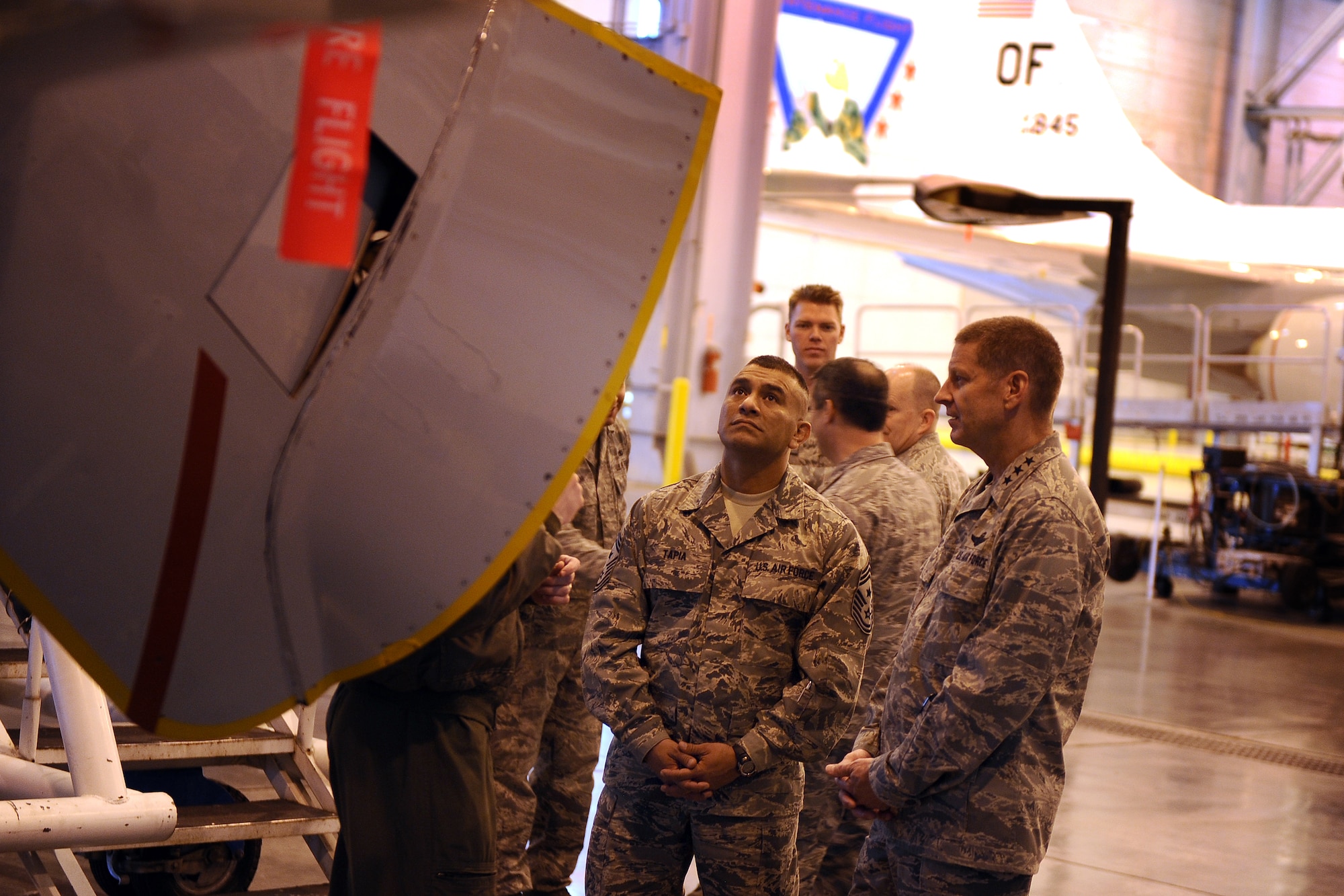 U.S. Air Force Lt. Gen. Robin Rand, 12th Air Force commander, and U.S. Air Force Chief Master Sgt. Gerardo Tapia Jr., 12th AF command chief, tour an RC-135S Cobra Ball in Dock 2 of the Bennie Davis Maintenance Facility at Offutt Air Force Base, Neb., Feb. 22. The 12th AF commander and command chief toured several squadrons and facilities during the two day visit. (U.S. Air Force photo by Josh Plueger/Released).