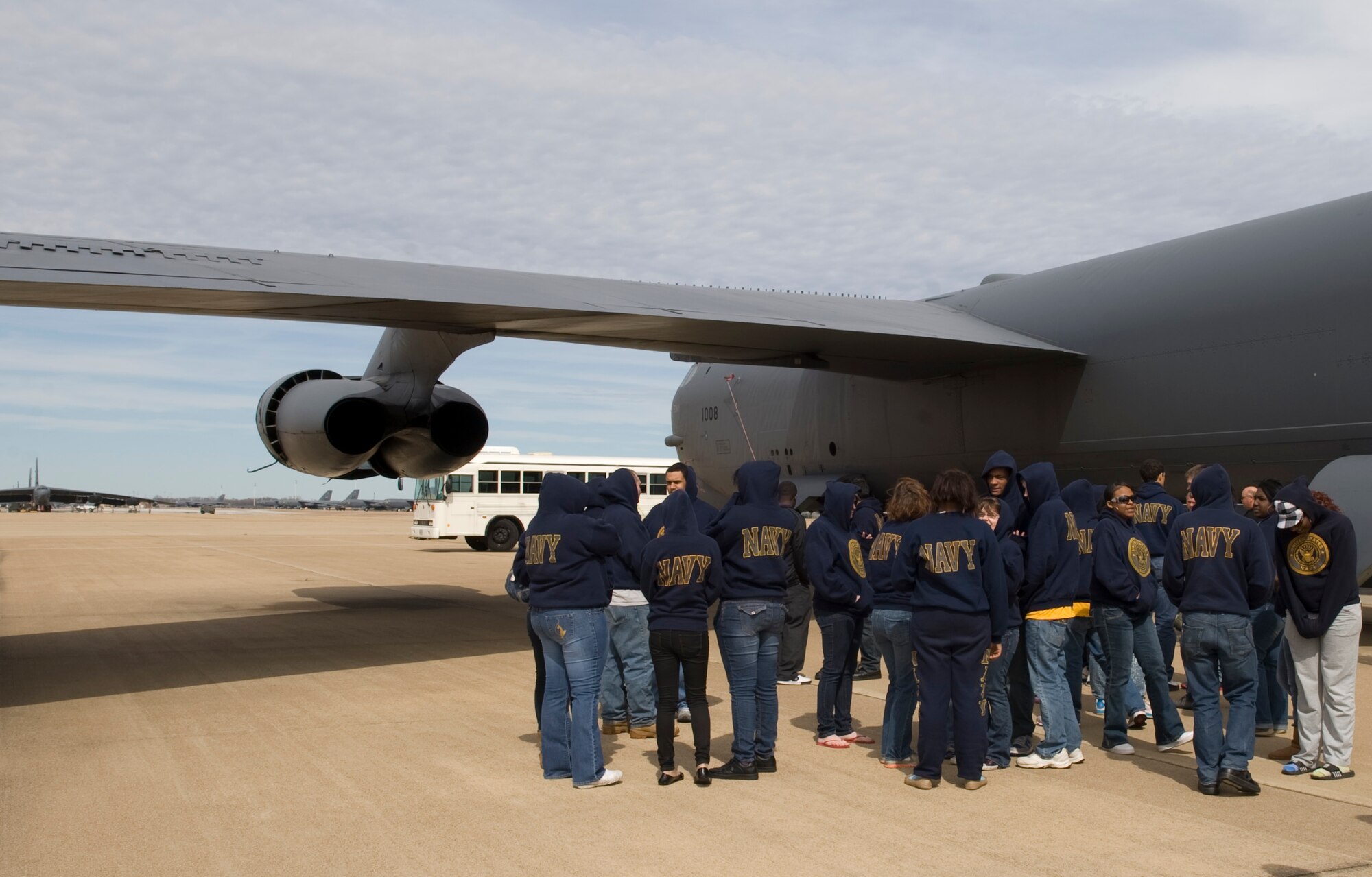 Navy Junior Reserve Officers' Training Corps cadets, from Camden Fairview High School in Arkansas, view a B-52H Stratofortress static display on Barksdale Air Force Base, La., Feb. 24. More than 35 JROTC cadets toured the base in order to gain a better understanding of military operations. (U.S. Air Force photo/Airman 1st Class Benjamin Gonsier)(RELEASED)