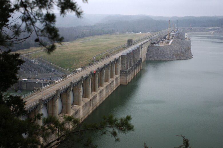 This is Wolf Creek Dam in Jamestown, Ky., Feb. 8, 2012.  The U.S. Army Corps of Engineers Nashville District is installing a concrete barrier wall to stop seepage at the dam. The Corps, in partnership with the contractor Treviicos-Soletanche Joint Venture, amassed 700,000 maintenance hours over the past year without a lost-time accident, a notable safety achievement.  (USACE photo by Leon Roberts)