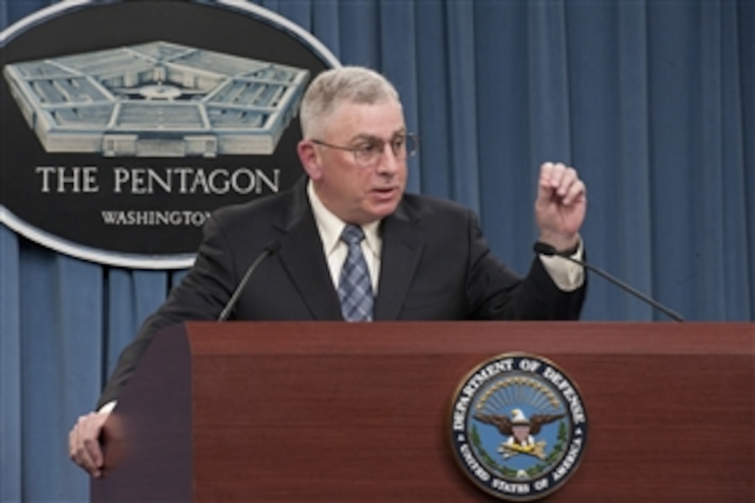 Chairman of the Defense Health Board Subcommittee retired Gen. John Abizaid briefs the press on the findings of the Dover Port Mortuary Independent Review in the Pentagon on Feb. 28, 2012.  