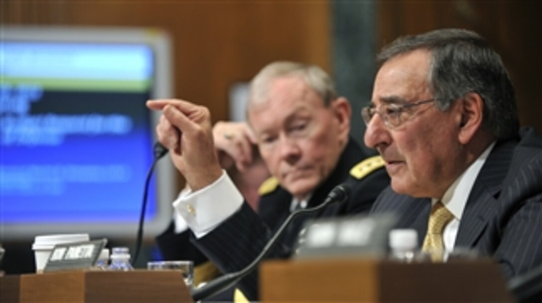 Secretary of Defense Leon E. Panetta and Chairman of the Joint Chiefs of Staff Gen. Martin E. Dempsey appear at a hearing of the Senate Budget Committee testifying on the President's FY 2013 budget request on Feb. 28, 2012.  