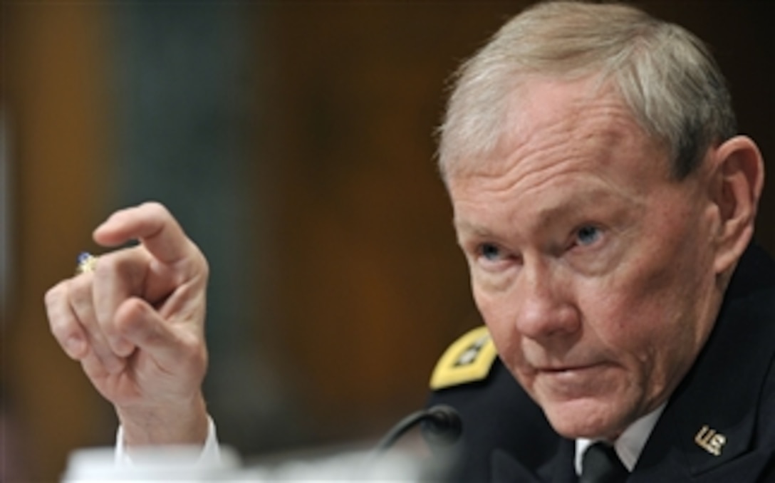 Chairman of the Joint Chiefs of Staff Gen. Martin E. Dempsey takes questions as he and Secretary of Defense Leon E. Panetta appear before the Senate Budget Committee to testify on the President's FY 2013 budget request on Feb. 28, 2012.  