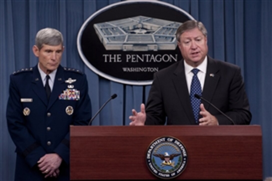 Secretary of the Air Force Michael B. Donley and Chief of Staff of the Air Force Gen. Norton A. Schwartz brief the news media concerning the Dover Port Mortuary Independent Review Subcommittee Report in the Pentagon on Feb. 28, 2012.  