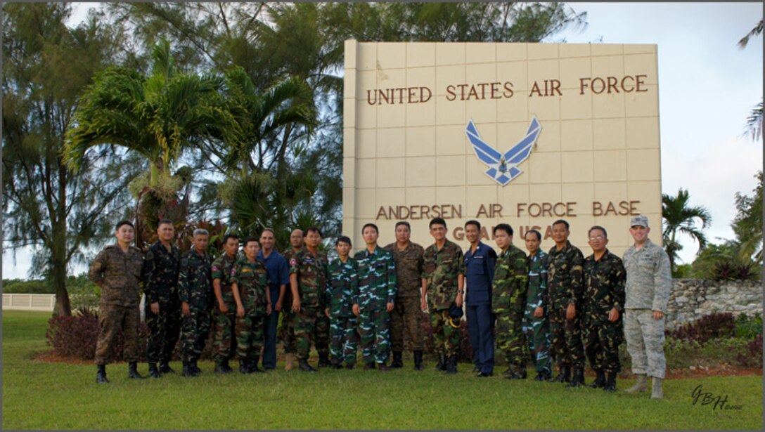 Delegates from the Philippine Air Force, Royal Cambodian Air Force, Royal Lao Air Force, Royal Thai Air Force, Mongolian Air Force and Vietnam People’s Air Force pose outside Andersen Air Force Base. As part of U.S. Pacific Command’s Theater Security Cooperation Program, a multilateral subject-matter expert exchange co-hosted by senior civil engineer and security forces personnel from Headquarters 13th Air Force concluded here Feb. 23. (U.S. Air Force photo/ Capt. Grant Harwell)