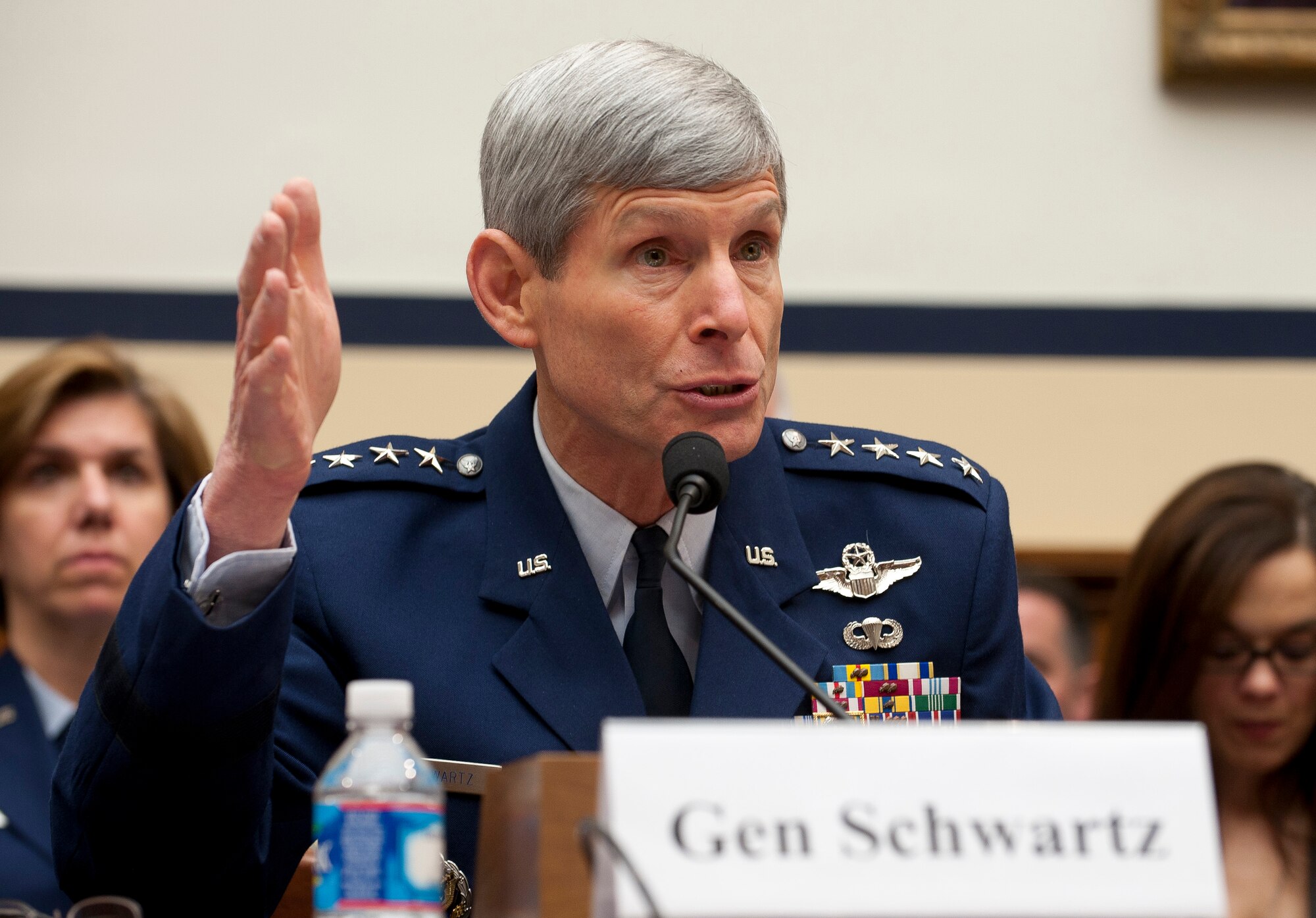 Air Force Chief of Staff Gen. Norton Schwartz answers a question during a
hearing of the House Armed Services Committee, Feb. 28, 2012, in Washington,
D.C. Both Schwartz and Secretary of the Air Force Michael Donley were on
Capitol Hill to discuss the Air Force's Fiscal Year 2013 National Defense
Authorization Budget Request. (U.S. Air Force photo/Jim Varhegyi)
