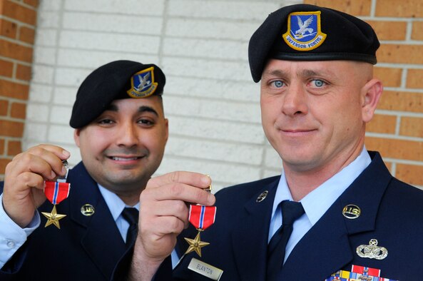 TSgt Ruben Martinez and MSgt Shannon Blanton, 78th Security Forces, were awarded Bronze Star Medals for outstanding performance while deployed to Bagram Airfield, Afghanistan, from Oct. 2010 to April 2011. U. S. Air Force photo by Sue Sapp