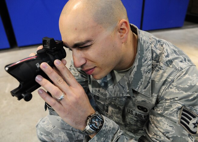 Staff Sgt. Vincent Bustillo ensures mobility gear is fully operational at the 628th Security Forces Squadron warehouse at Joint Base Charleston - Air Base Feb. 27. 628th SFS personnel are responsible for tracking, preparing and maintaining the $3.6 million inventory. Bustillo is a 628th SFS vehicle non-commissioned officer in charge. (U.S. Air Force photo/Staff Sgt. Katie Gieratz) 
