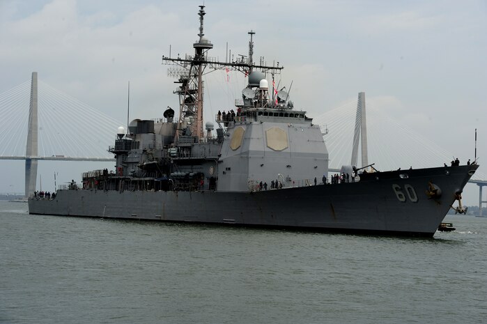 The guided-missile cruiser USS Normandy (CG-60),  prepares to moor at the Columbus Street terminal at the Port of Charleston Feb.24.  Leadership from Joint Base Charleston gathered at the terminal to greet the crew.  The Normandy and its crew are stationed in Norfolk, Va.  (U.S. Air Force photo/ Staff Sgt. Nicole Mickle)  