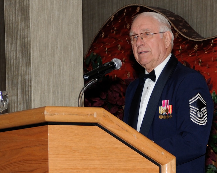 MINOT AIR FORCE BASE, N.D. -- The eighth Chief Master Sergeant of the Air Force, Sam E. Parish, speaks at the Chief’s Recognition Ceremony Feb. 21, held at the Jimmy Doolittle Center. Parish shared stories about his experiences while in the Air Force and discussed hot-topic issues in the Air Force today, including the importance of resiliency. (U.S. Air Force photo/Airman 1st Class Stephanie Ashley)