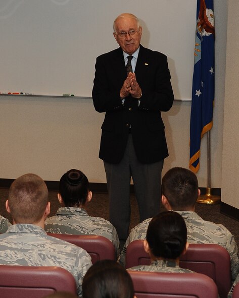 MINOT AIR FORCE BASE, N.D. -- The eighth Chief Master Sergeant of the Air Force, Sam E. Parish, speaks to a group of Airmen undergoing training at the Airman Leadership School here Feb. 22. Parish offered advice to the Airmen and discussed the importance of supervisorial roles in strengthening resiliency. (U.S. Air Force photo/Airman 1st Class Kristoffer Kaubisch)
