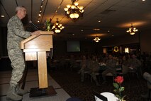 MINOT AIR FORCE BASE, N.D. – Col. Gerald McManus, Air Force Global Strike Command’s head chaplain, speaks to Airmen during the National Prayer Luncheon Feb. 24, held at the Jimmy Doolittle Center. During his speech, McManus touched upon the importance of taking time in life to care about fellow wingman and to learn something new about people every day. He also expressed his gratitude to everyone for looking out for each other during last summer’s historic flood. (U.S. Air Force photo/Airman 1st Class Stephanie Ashley)