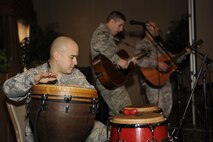 MINOT AIR FORCE BASE, N.D. – 1st Lt.  Elkin Medina, 5th Maintenance Group command executive, performs Christian inspired music at the Jimmy Doolittle Center during the National Prayer Luncheon here Feb. 24. The luncheon gave Airmen the opportunity to dine from a Mediterranean buffet, listen to inspirational scripture readings, pray, and take part in an afternoon of companionship with fellow team members. (U.S. Air Force photo/Airman 1st Class Stephanie Ashley)