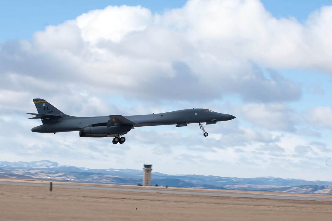 A B-1 bomber takes off from Ellsworth Air Force Base, S.D., during an Operational Readiness Exercise on Feb. 23, 2012. The ORE tested a variety of B-1B operations, including aircraft maintenance and support functions, ensuring the base is ready and able to mobilize and process assets when tasked. (U.S. Air Force photo by Airman 1st Class Zachary Hada/Released)