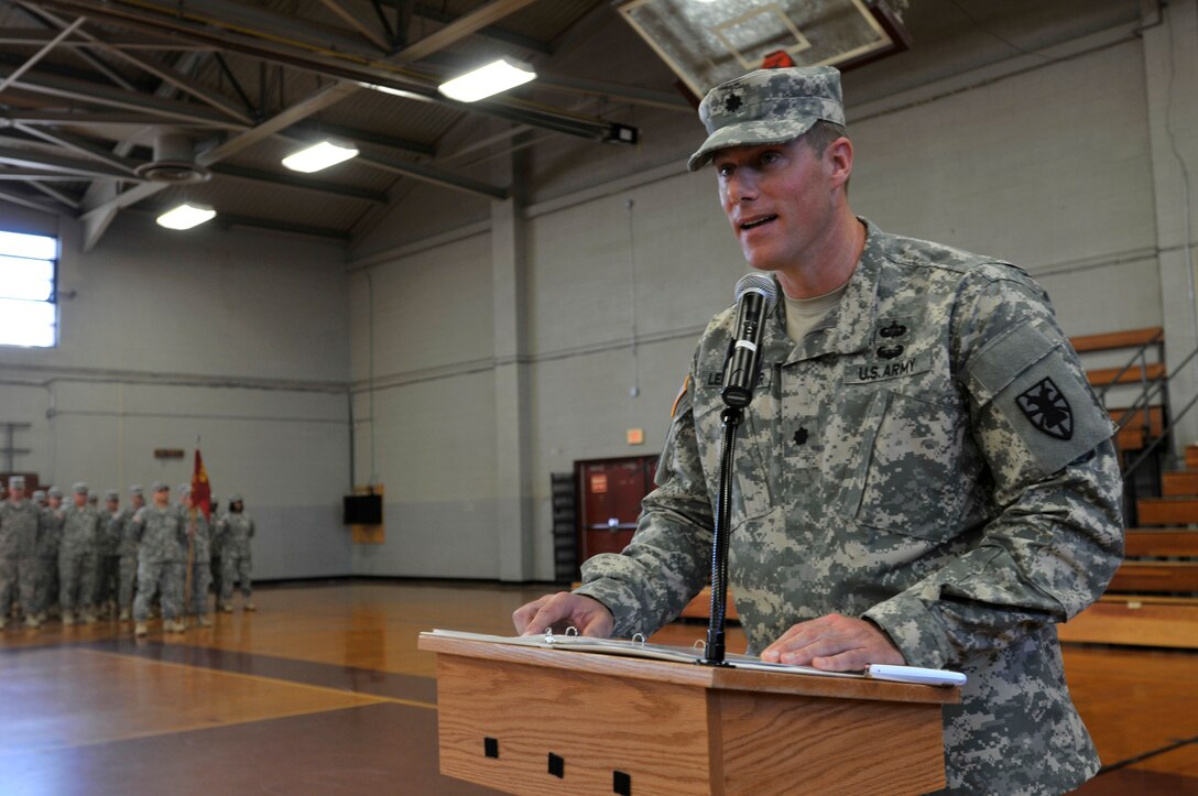 U.S. Army Lt. Col. Stephen W. Ledbetter, 53rd Transportation Battalion commander, addresses the audience during a change of command ceremony at Anderson Field House, Fort Eustis, Va., Feb. 28, 2012. The ceremony was held to not only to allow the Soldiers to recognize their incoming commander, but to also commemorate the contributions made by their outgoing commander, Lt. Col. Corey A. New. (U.S. Army Photo by Sergeant 1st Class Kelly Jo Bridgwater/Released)