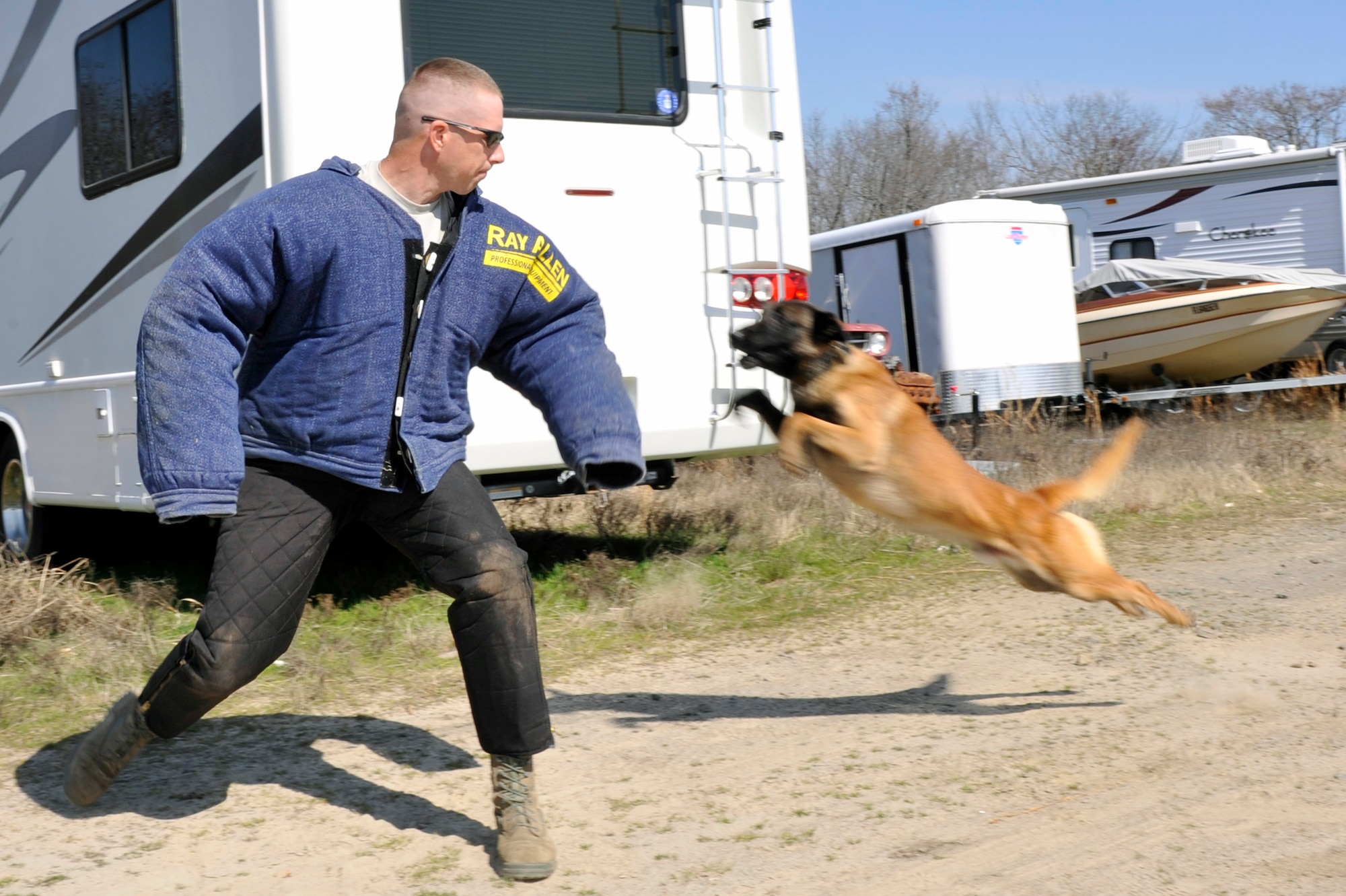 Tech. Sgt. Brandon Cummiford, a 19th Security Forces Squadron military working dog trainer, is attacked by an military working dog, Feb. 27, 2012, at Little Rock Air Force Base, Ark. Little Rock Air Force Base has nine military working dogs and nine handlers performing daily training. (U.S. Air Force photo by Airman 1st Class Rusty Frank)