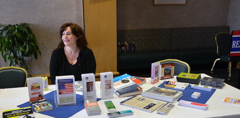 Angela Aschenbrenner participates in a monthly ‘Question and Answer’ session Feb. 21 at Joint Base Charleston’s Robert D. Gaylor Dining Facility highlighting the education support materials the library offers. The ‘Q&A’ session was held to discuss career and education opportunities with Airmen. Aschenbrenner is the Director of JB Charleston Libraries. (U.S. Air Force photo by Senior Airman Anthony J. Hyatt)