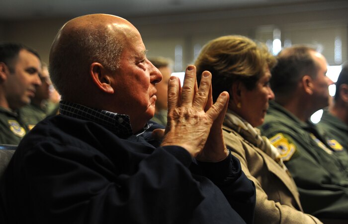 Retired Rear Adm. James Flatley attends the 16th Airlift Squadron, 437th Airlift Wing's pre-deployment dinner at Joint Base Charleston - Air Base Feb. 16. More than 130 Airmen from the 16th AS deployed Feb. 24 to operate as part of the 816th Expeditionary Airlift Squadron. The 816th EAS supports intra-theater airlift, airdrop and aero-medical evacuation missions. Flatley is the South Carolina Patriots Point Naval and Maritime Museum chief executive officer. During his career as a naval aviator he earned the Air Medal and Distinguished Flying Cross. (U.S. Air Force photo/Airman 1st Class Ashlee Galloway)