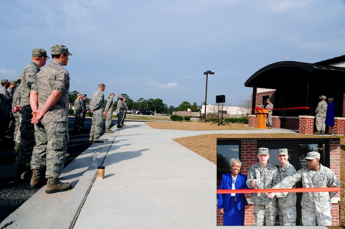 Airmen and civilians from the 628th Communication Squadron gather for the Official Mail Center and Postal Service Center ribbon cutting ceremony at Joint Base Charleston - Air Base Feb. 24. The mail center is responsible for processing all official mail on JB Charleston and the postal service center is responsible for delivering mail to the dormitories and temporary mailboxes for those on temporary duty assignments. (inset) Left to right: Nonie Page, Col. Richard McComb,  Lt. Col. David Joerres and Tech. Sgt. Marcus Clayton cut the ribbon officially opening the Official Mail Center and Postal Service Center. Page is the 628th CS knowledge operations chief, McComb is the JB Charleston commander, Joerres is the 628th CS commander and Clayton is the 628th CS official mail center non-commissioned officer in charge. (U.S. Air Force illustration/Staff Sgt. Katie Gieratz)