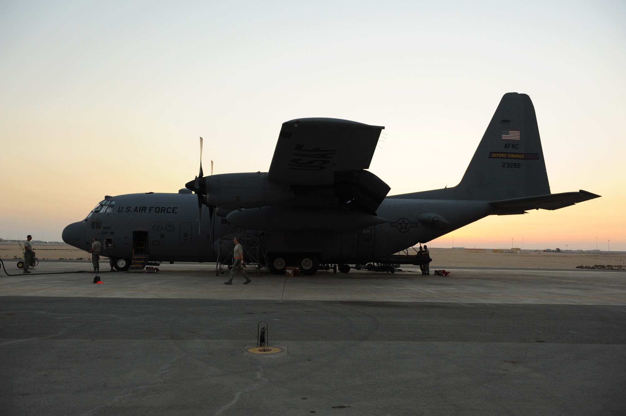 SOUTHWEST ASIA – Maintainers work on a C-130H3 Hercules during a home station check here Feb. 28, 2012. The Airmen work on the aircraft 24-hours a day during home station checks to get the C-130 back into an operational status as soon as possible. The C-130H3 was produced from 1992 to 1996 and included many upgrades from previous models, including night vision device-compatible instrument lighting and integrated radar and missile warning systems. (U.S. Air Force photo/Staff Sgt. Nathanael Callon)