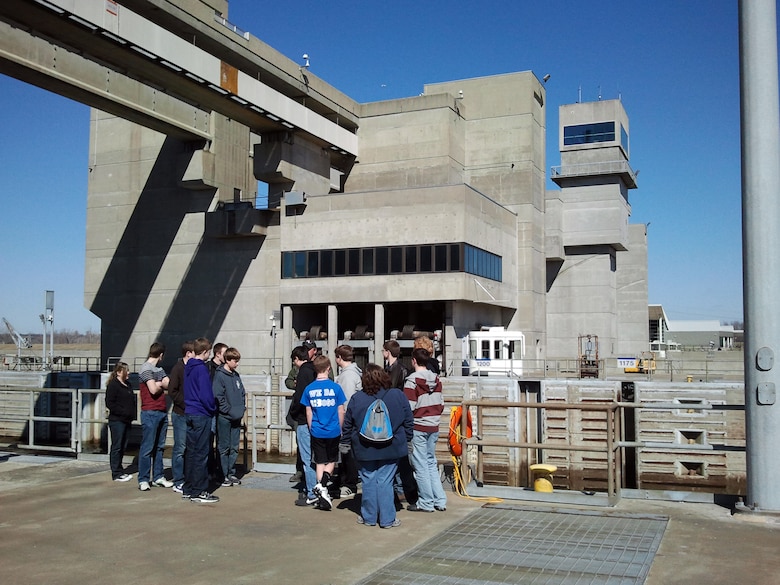 ALTON, Ill. — STEM students tour the U.S. Army Corps of Engineer's Melvin Price Locks and Dam here, during the Saturday Scholars program Feb. 25, 2012. Students rotated to six different stations during their tour and learned about river engineering and also the work that goes on inside the auxiliary chamber overlook, tainter gate operations area, the Crow's Nest and the lift gate operations. 