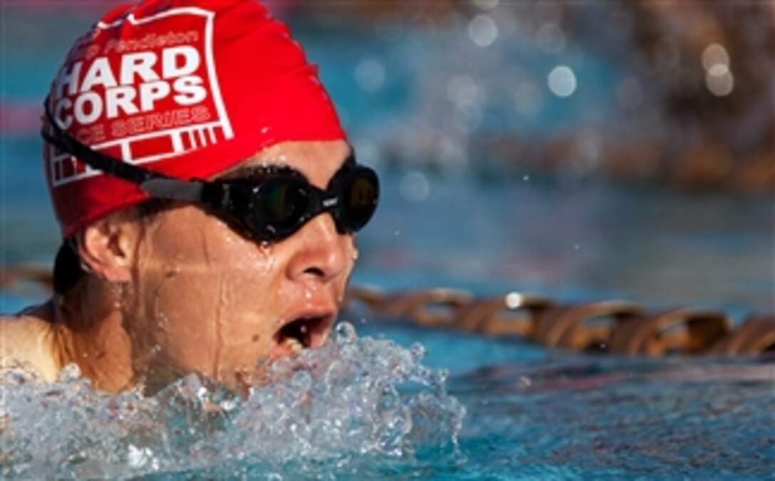 U.S. Marine Corps veteran Derek Lui swims the breaststroke in the men's blind and visually impaired 50-meter event during the 2012 Marine Corps Trials at Camp Pendleton, Calif., on Feb. 21, 2012.  The trials were part of the Wounded Warrior Regiment's Warrior Athlete Reconditioning Program and hosted 300 wounded Marines, veterans and international service members.  The participants competed for a spot on a roster of 50 athletes who advanced to the Wounded Warrior Games, a competition of all service branches scheduled for May 2012 in Colorado Springs, Colo.  