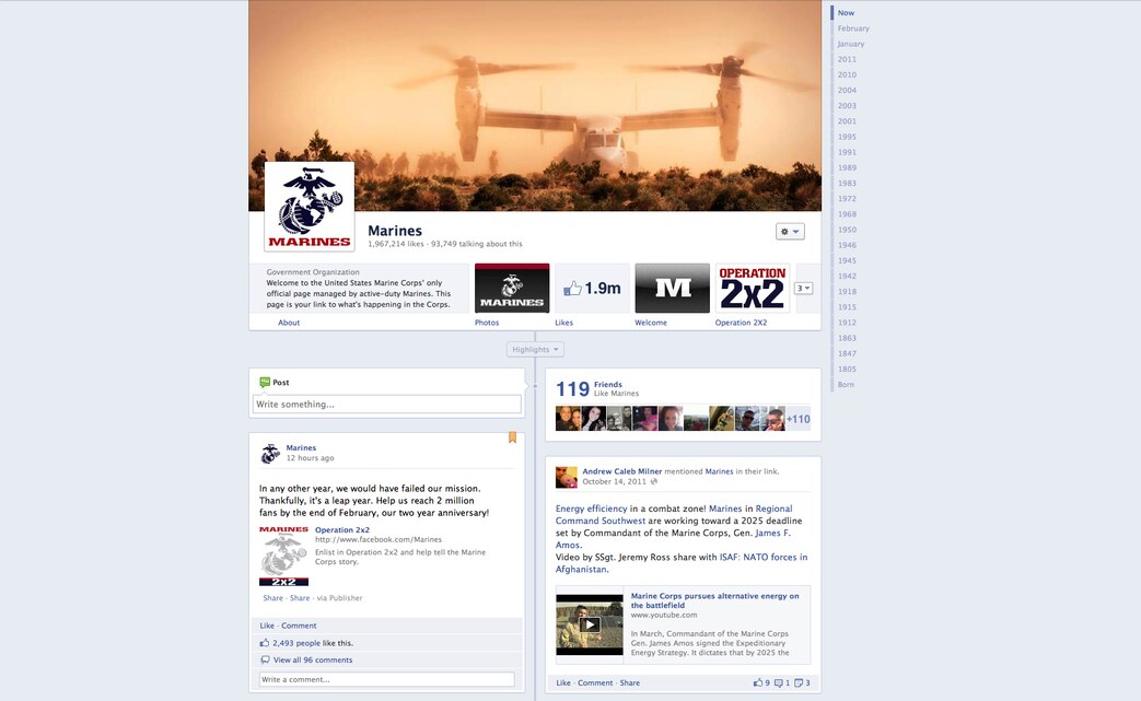 The official Marines Facebook Page launched its new design, feating a cover photo and Page timeline, Feb. 29. The Page allows the Marine Corps to better connect with fans and helps share common ties through the Corps.