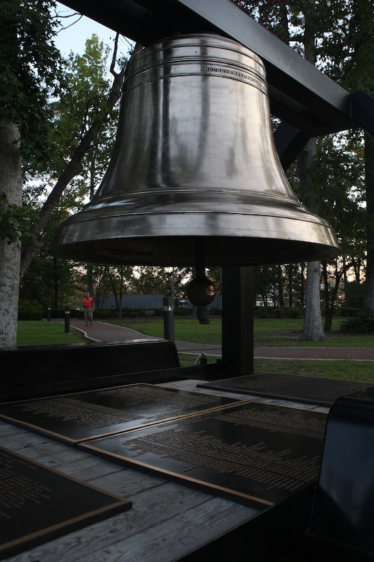 The New York City Fire Department Memorial Bell, one of five used in various ceremonies across the country, sits by the Memorial Beam in the Lejeune Memorial Gardens during the Patriot Day 2011 ceremony, the 10th anniversary of the Sept. 11, 2011 terrorist attacks. The bell commemorates the men, women and K9 dogs who lost their lives acting as the first responders of the World Trade Center destruction.