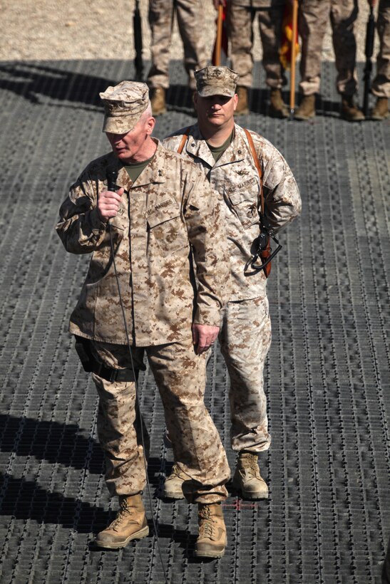 Maj. Gen. John Toolan , the commanding general of Regional Command (SW) speaks to servicemembers during a transfer of authority ceremony at Camp Leatherneck, Afghanistan, Feb. 29. The 2nd Marine Aircraft Wing (Forward) was relieved by 3rd Marine Aircraft Wing (Forward) after supporting combat operations in Helmand province for a year.