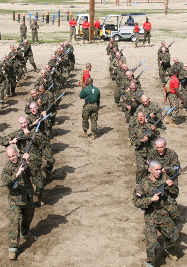 A Marine Corps Martial Arts Program instructor conducts a bayonet technique class for Company B., 1st Recruit Training Battalion, as part of the Feb. 29 aboard Marine Corps Recruit Depot San Diego. Co. B recruits are in the second week of recruit training.