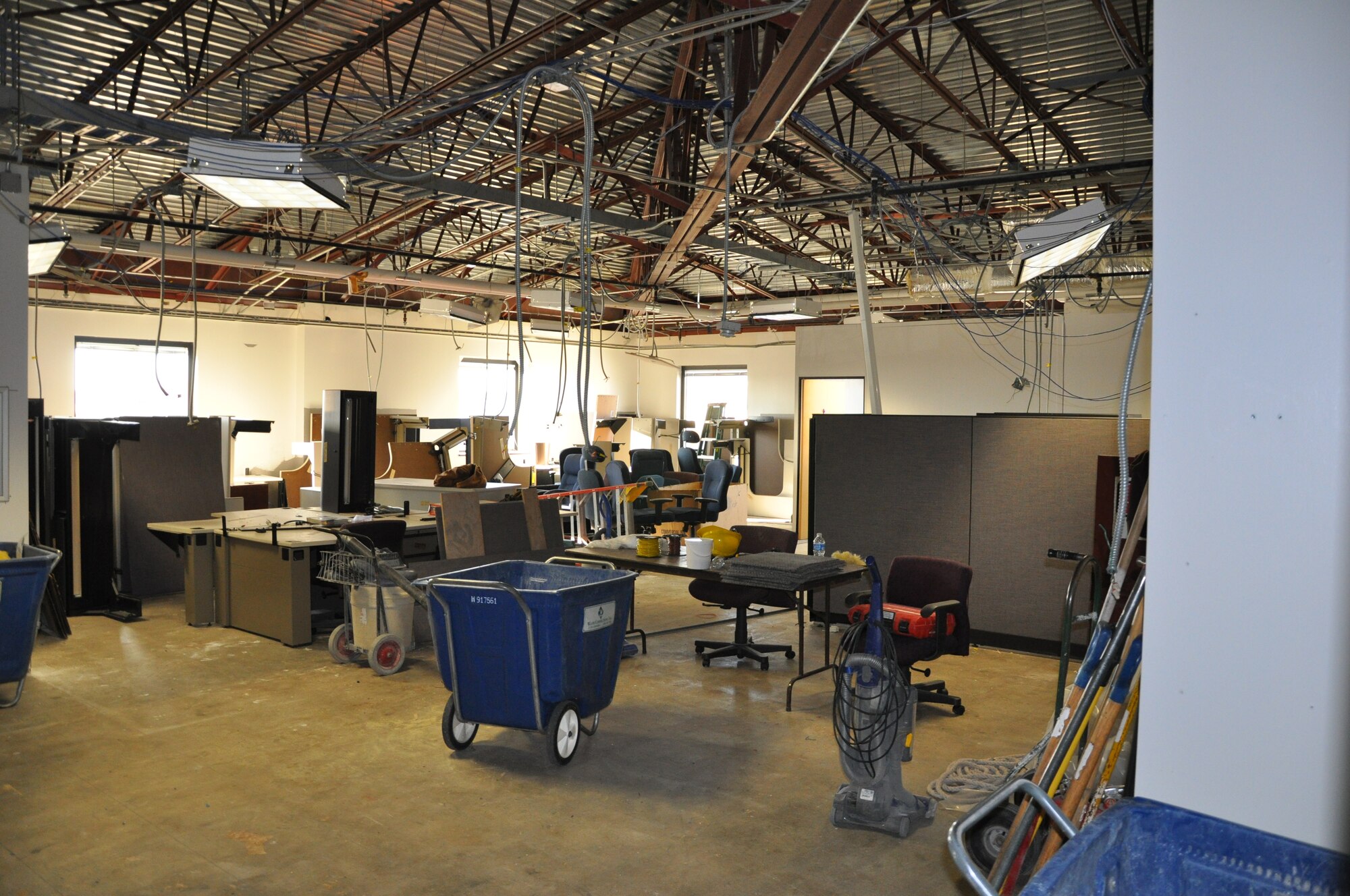 Renovation work is in full swing on the interior of the 931st Air Refueling Group headquarters building, McConnell Air Force Base, Kan., Jan. 3, 2012.  Many 931st members will be starting the new year in new office locations as the group headquarters building undergoes a major renovation.  Units with offices in the headquarters building have been relocated to various locations around the base until the completion of the renovation project.  (U.S. Air Force photo by 1st Lt. Zach Anderson)