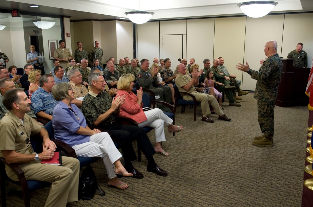 Lt. Gen. Thomas Conant speaks before a distinguished audience following his promotion pinning ceremony here today. Lt. Gen. Conant will be the first U.S. Marine to serve as the deputy commander of the U.S. Pacific Command once he assumes those duties as directed.