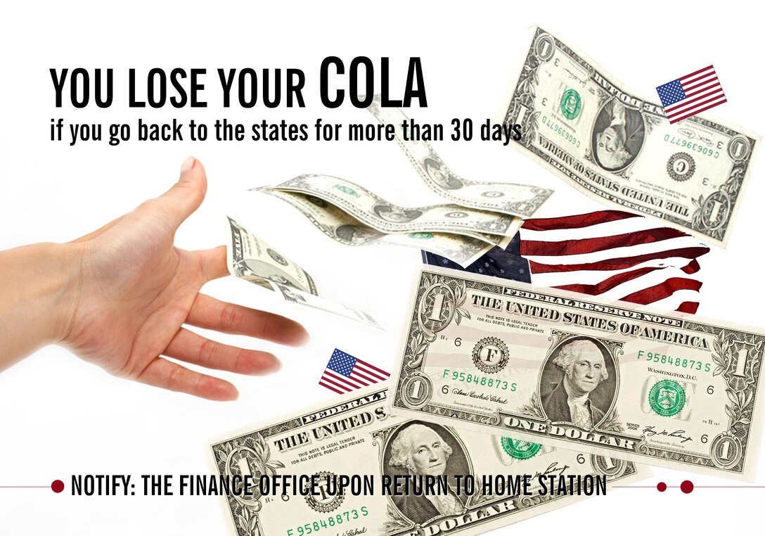 Being overseas can take its toll on families, so many take leave to visit hometowns or favorite vacation spots in the continental U.S., or CONUS, each year. However, as it stands, taking leave for more than 30 days back home will cost families the money they are allotted through COLA until they return to home station. (U.S. Air Force graphic by Naoko Shimoji/Released)