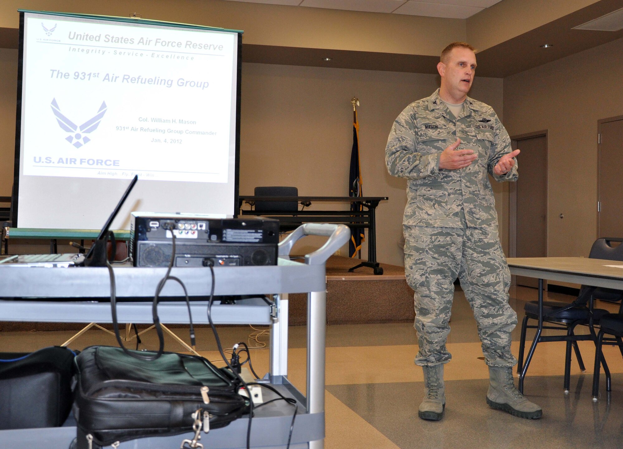 Col. William H. Mason, commander of the 931st Air Refueling Group, McConnell Air Force Base, Kan., speaks at a meeting of the Bel Aire Chamber of Commerce, Bel Aire, Kan., Jan. 4, 2012.  Col. Mason presented the members of the chamber with a unit mission brief, explaining the important role the 931st plays in accomplishing the mission at McConnell AFB.  Col. Mason also discussed the Air Force Reserve and emphasized the importance of building and maintaing strong relationships between the 931st and the local community.