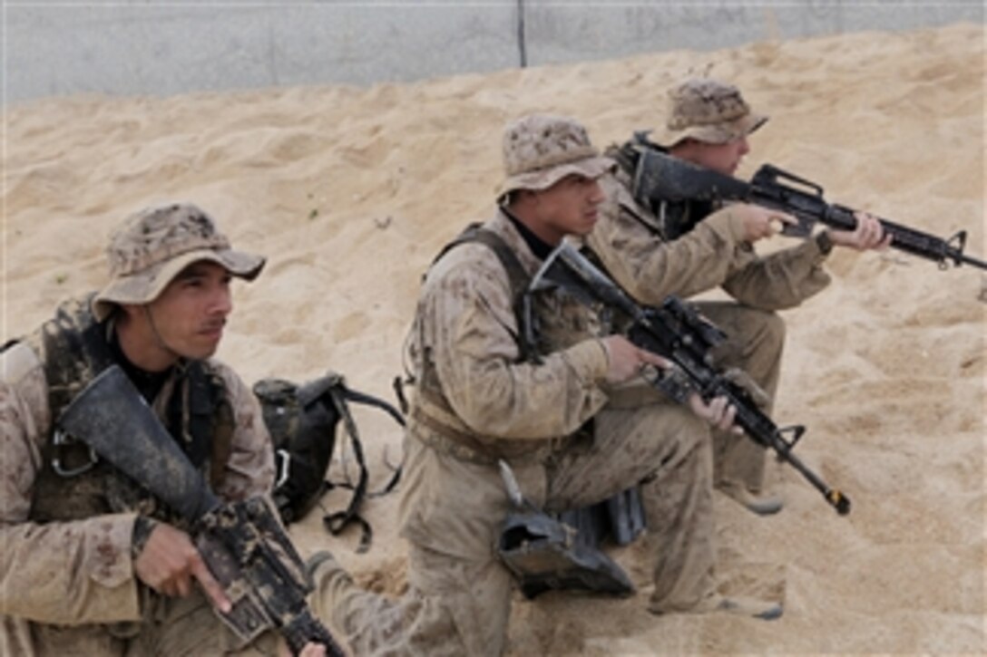 Marine scout swimmers with 1st Platoon, Company A, Battalion Landing Team 1st Battalion, 4th Marine Regiment, 31st Marine Expeditionary Unit, kneel as they provide security on a beach on Dec. 20, 2011.  The Marines are practicing their landing techniques in preparation for the expeditionary unit?s upcoming deployment.  