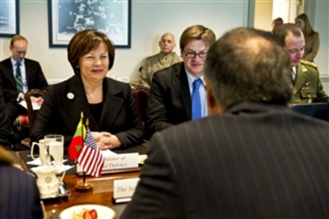 Lithuanian Defense Minister Rasa Jukneviciene speaks with U.S. Defense Secretary Leon E. Panetta, right foreground, at the Pentagon, Jan. 4, 2012. Panetta and Jukneviciene met to discuss bilateral defense issues and the continuing partnership between the United States and Lithuania.