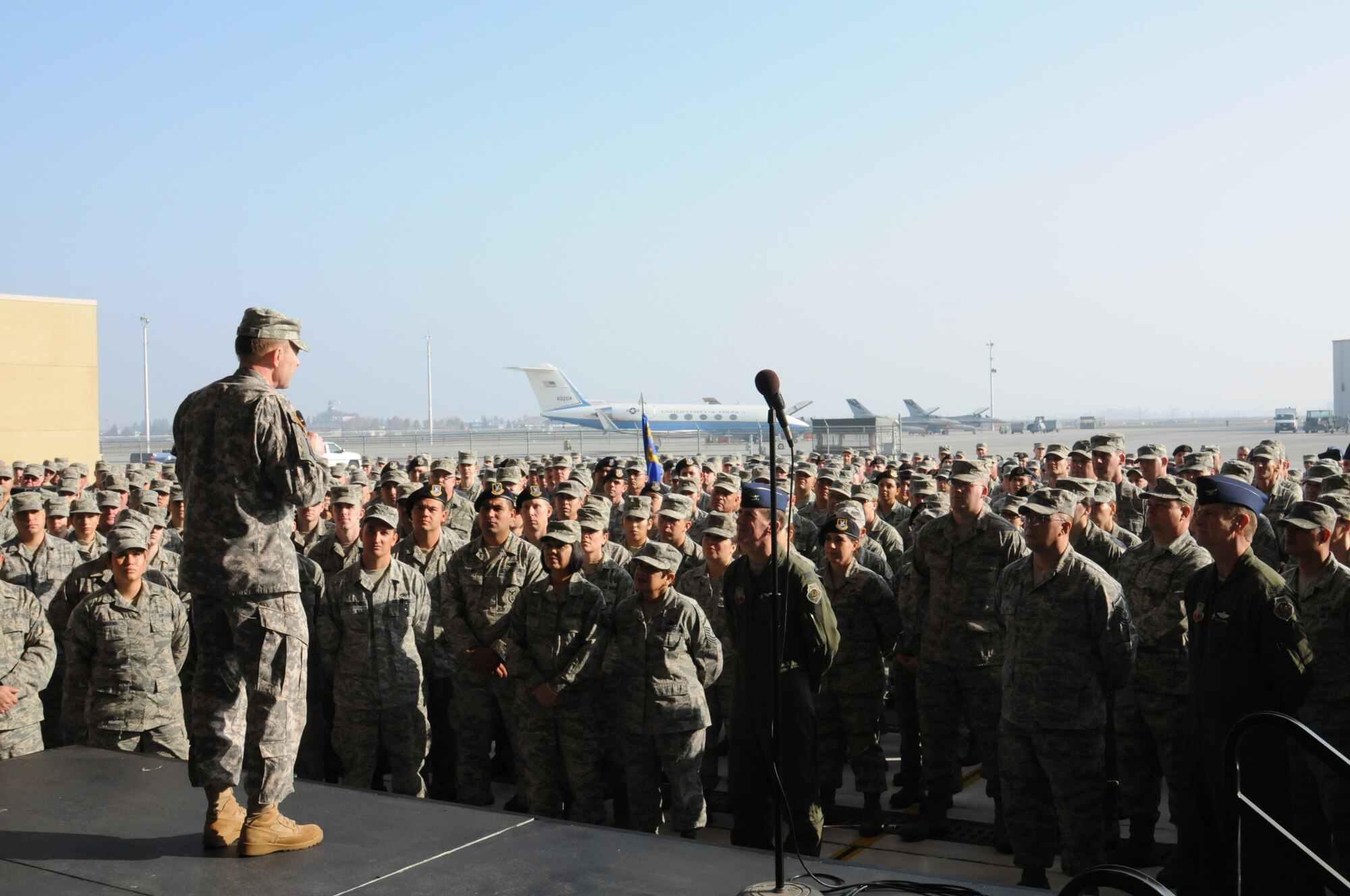 Gen. Charles H. Jacoby, Jr., Commander, North American Aerospace Defense Command and U.S. Northern Command, addresses the men and women of the 144th Fighter Wing, California Air National Guard, during his visit on January 5, 2012.  During his visit, the general toured the base, engaged with various Airmen throughout the wing and flew in the backseat of an F-16D Fighting Falcon.  (U.S. Air Force photo by Master Sgt. David J. Loeffler)