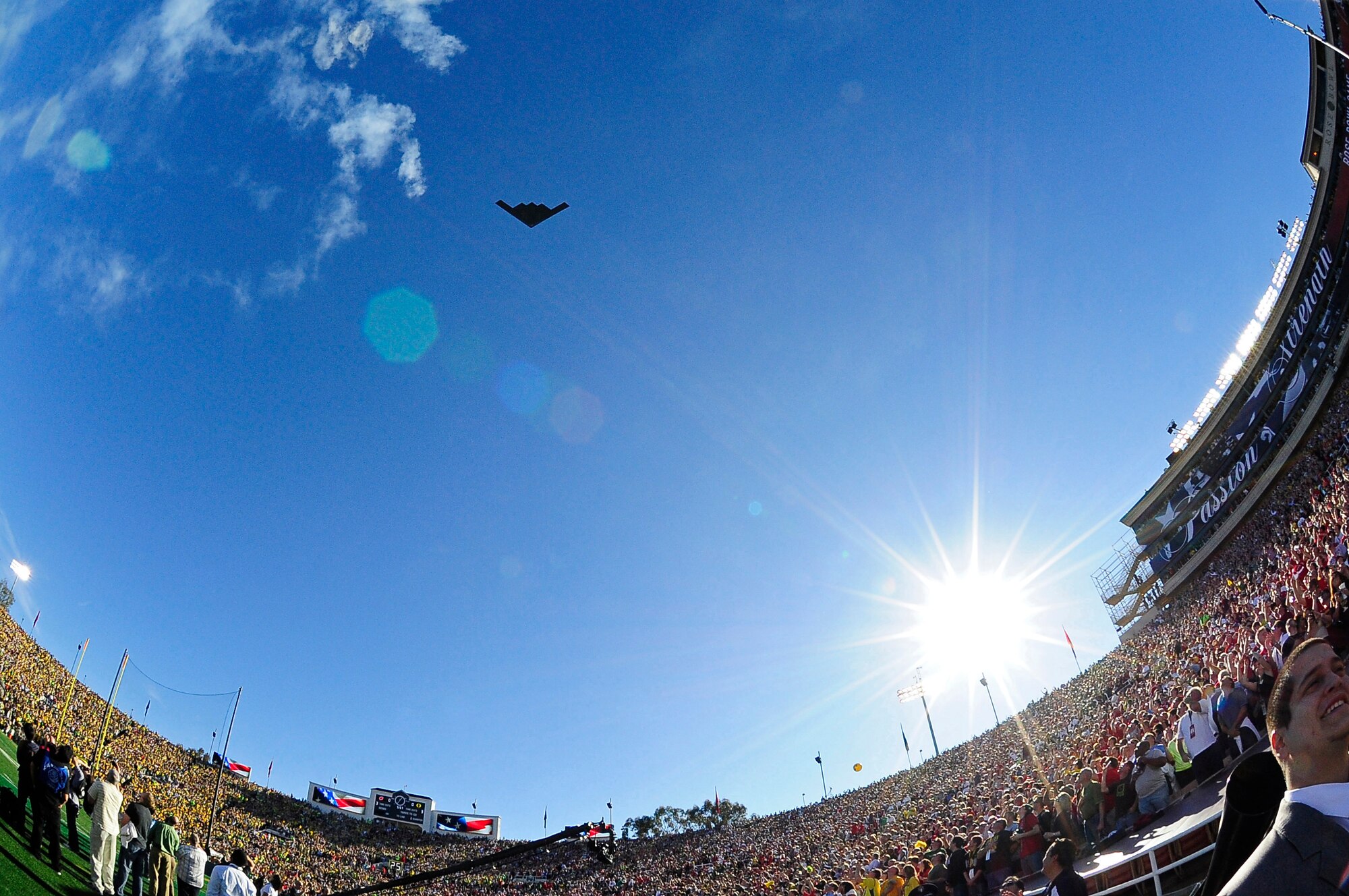 Pasadena, CA. -- The B-2 bomber The Spirit of America performs a flyover of the 98th Rose Bowl, Jan 2 in Pasadena, Calif. (U.S. Air Force photo/Jennifer Greene)